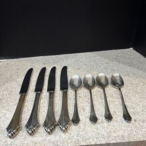 Set of 4 Oneida Cube Community Belcourt Silver Plate Dinner Knives and 4 spoons